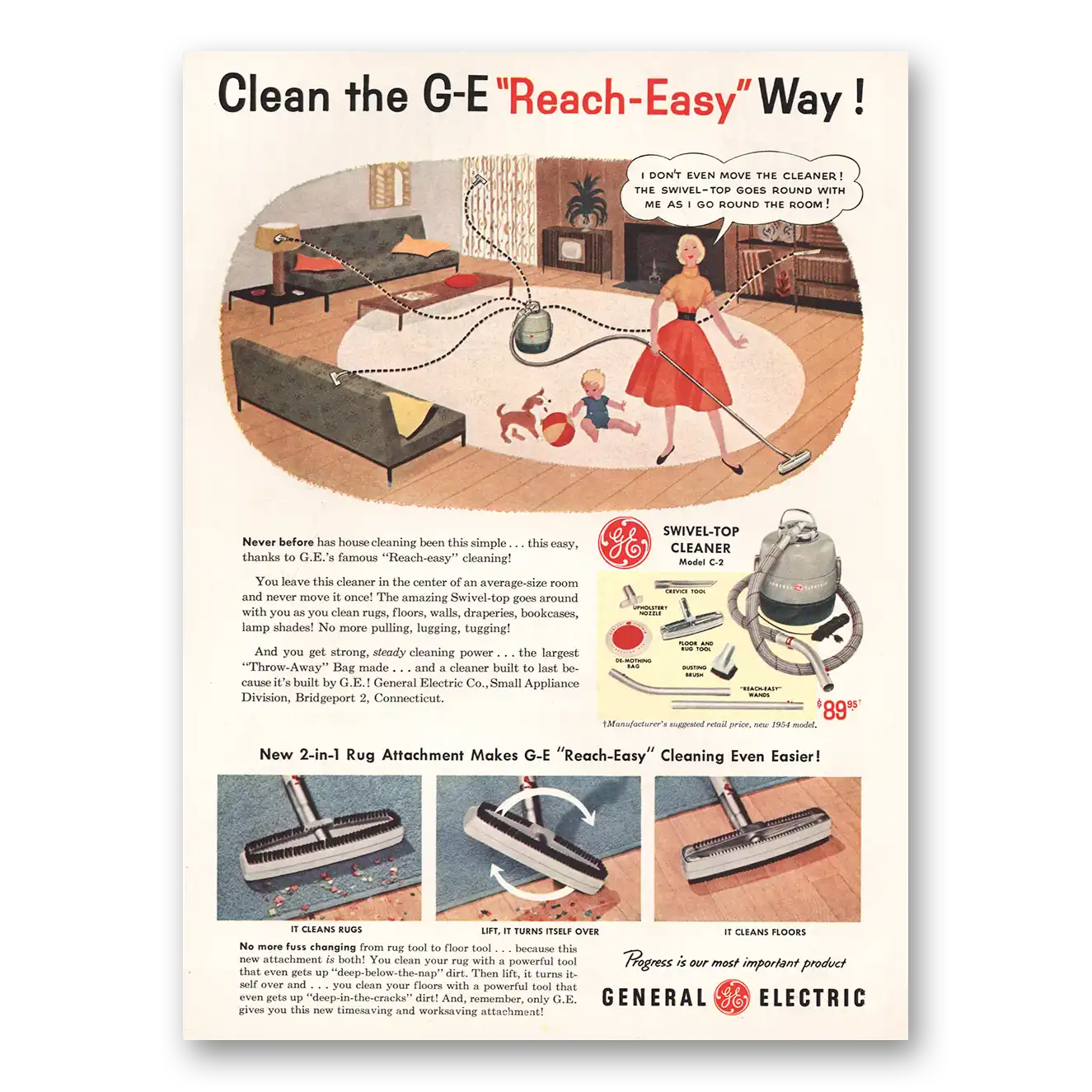 1954 General Electric Vacuum Swivel Top Cleaner Clean the Reach Easy Way Vintage Magazine Print Ad