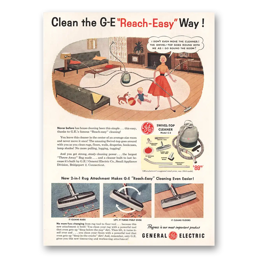 1954 General Electric Vacuum Swivel Top Cleaner Clean the Reach Easy Way Vintage Magazine Print Ad