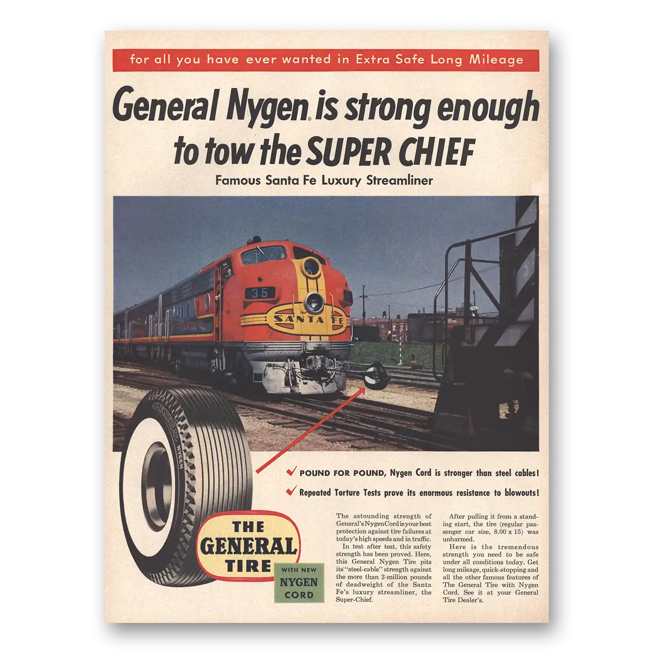 1954 General Tire General Nygen Santa Fe Super Chief Vintage Magazine Print Ad