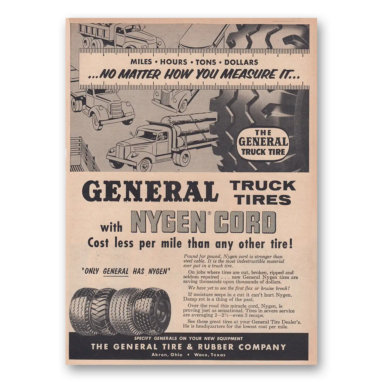 1954 General Tire Nygen Cord No Matter How You Measure It Vintage Magazine Print Ad