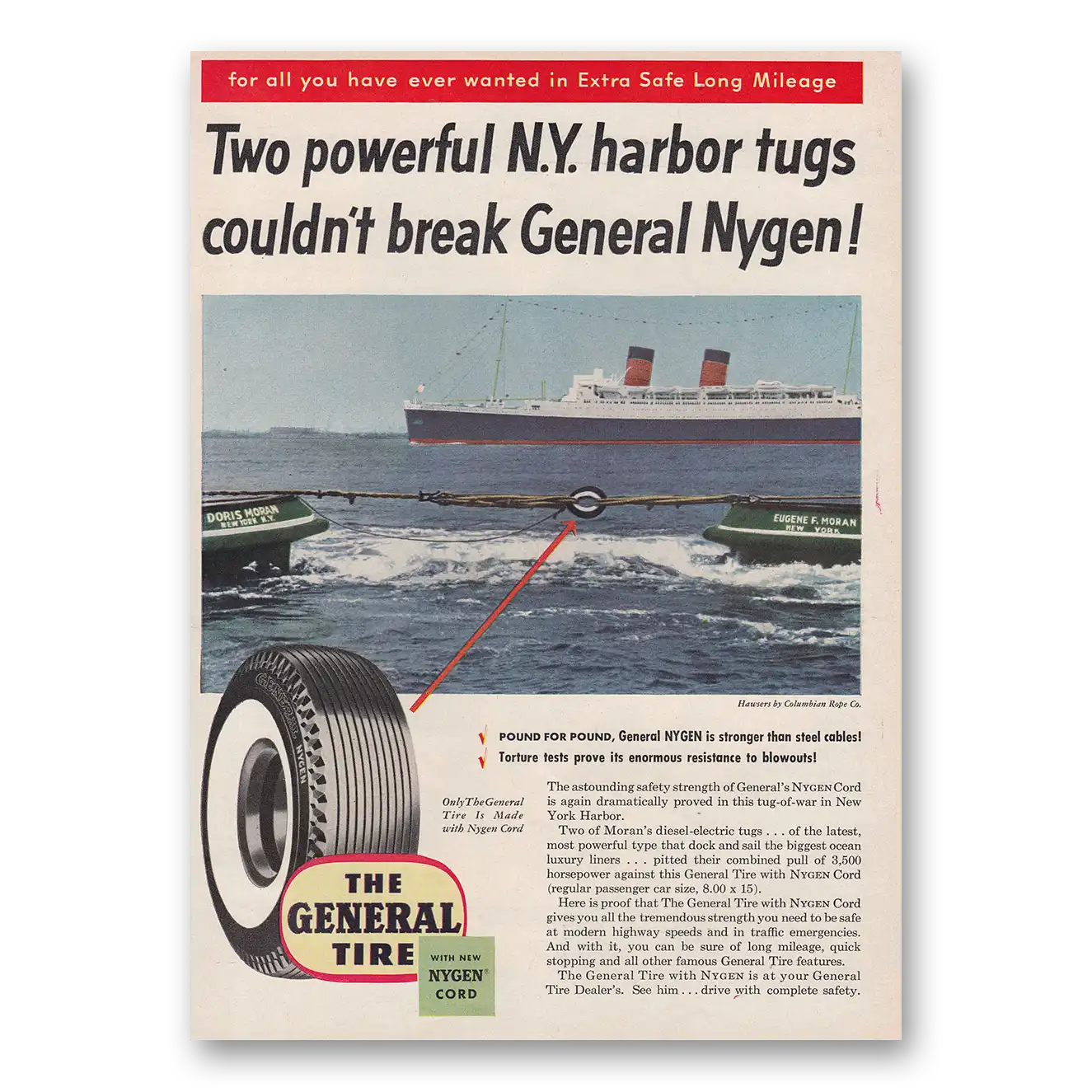 1954 General Tire Two Powerful NY Harbor Tugs Vintage Magazine Print Ad