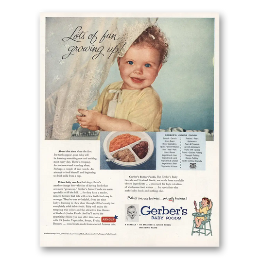 1954 Gerbers Baby Foods Lots of Fun Growing Up Vintage Magazine Print Ad