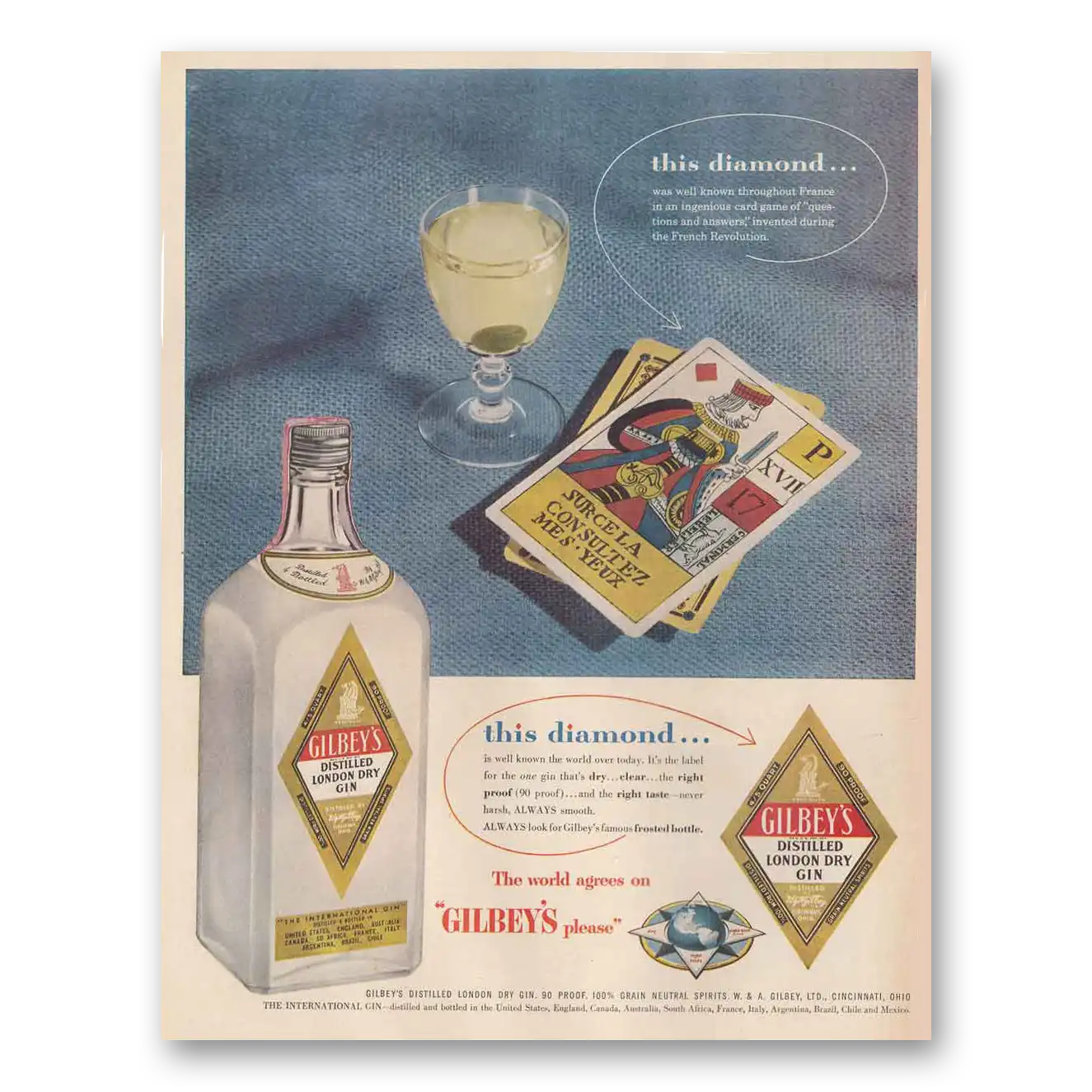 1954 Gilbeys Gin This Diamond Cards Vintage Magazine Print Ad