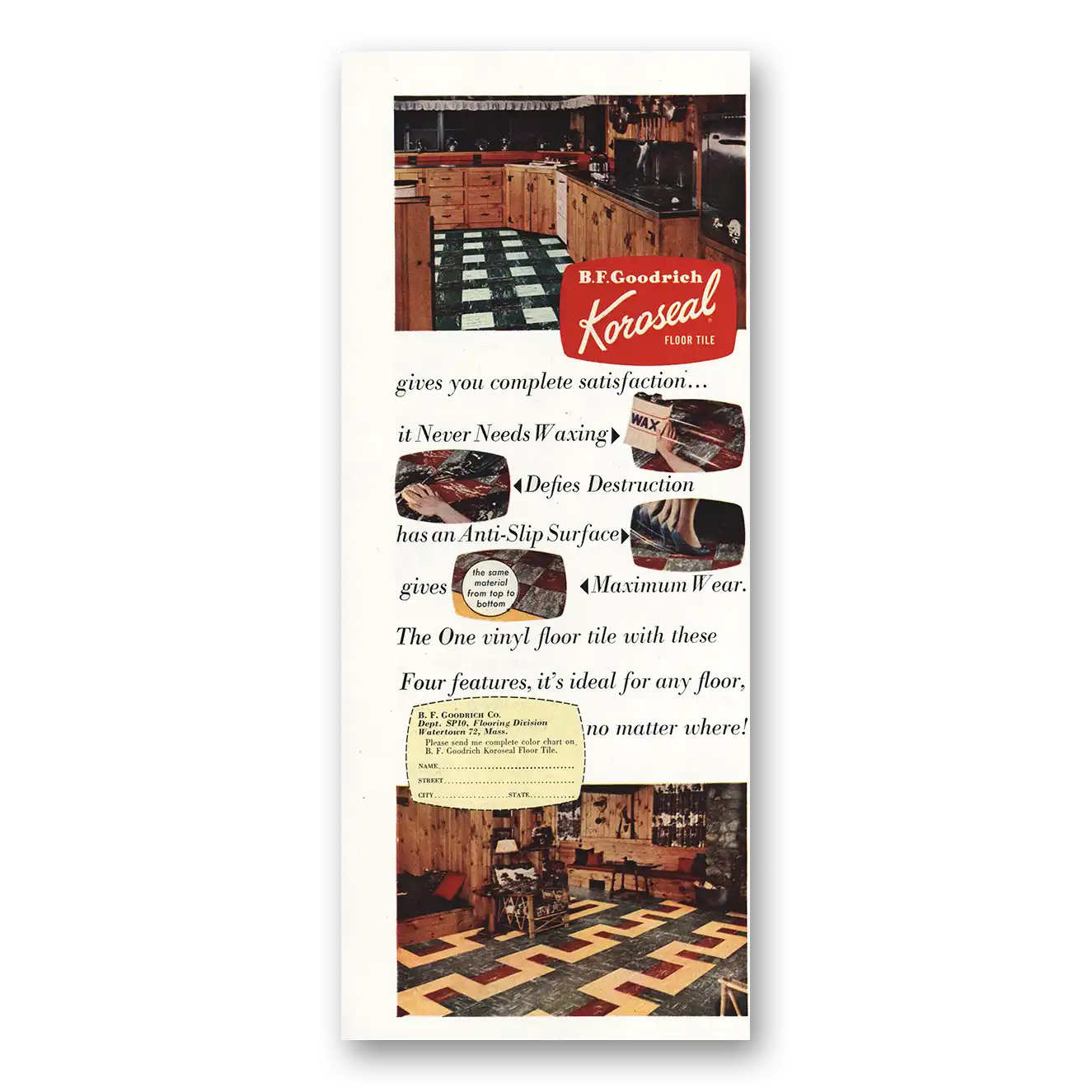 1954 B F Goodrich Karoseal Floor Tile Vintage Magazine Print Ad