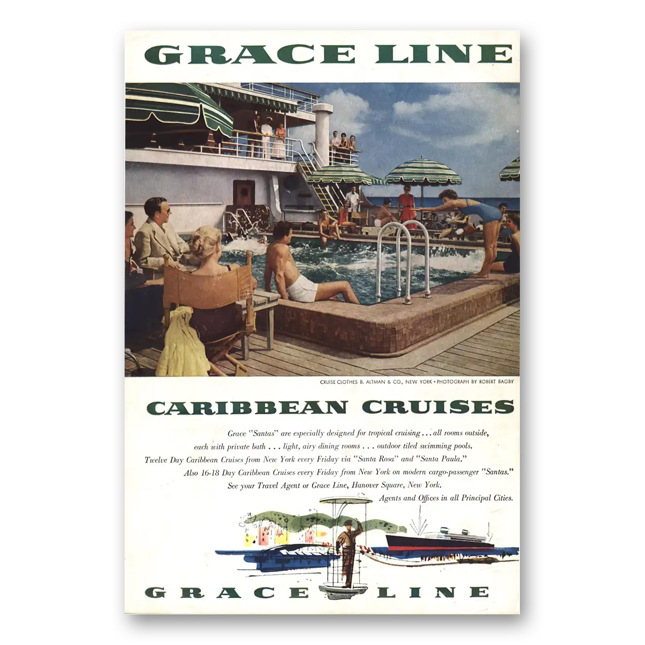 1954 Grace Line Caribbean Cruises Pool Deck Vintage Magazine Print Ad