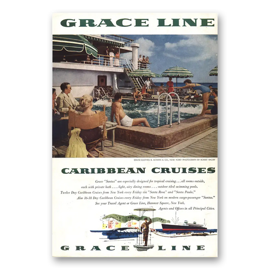 1954 Grace Line Caribbean Cruises Pool Deck Vintage Magazine Print Ad