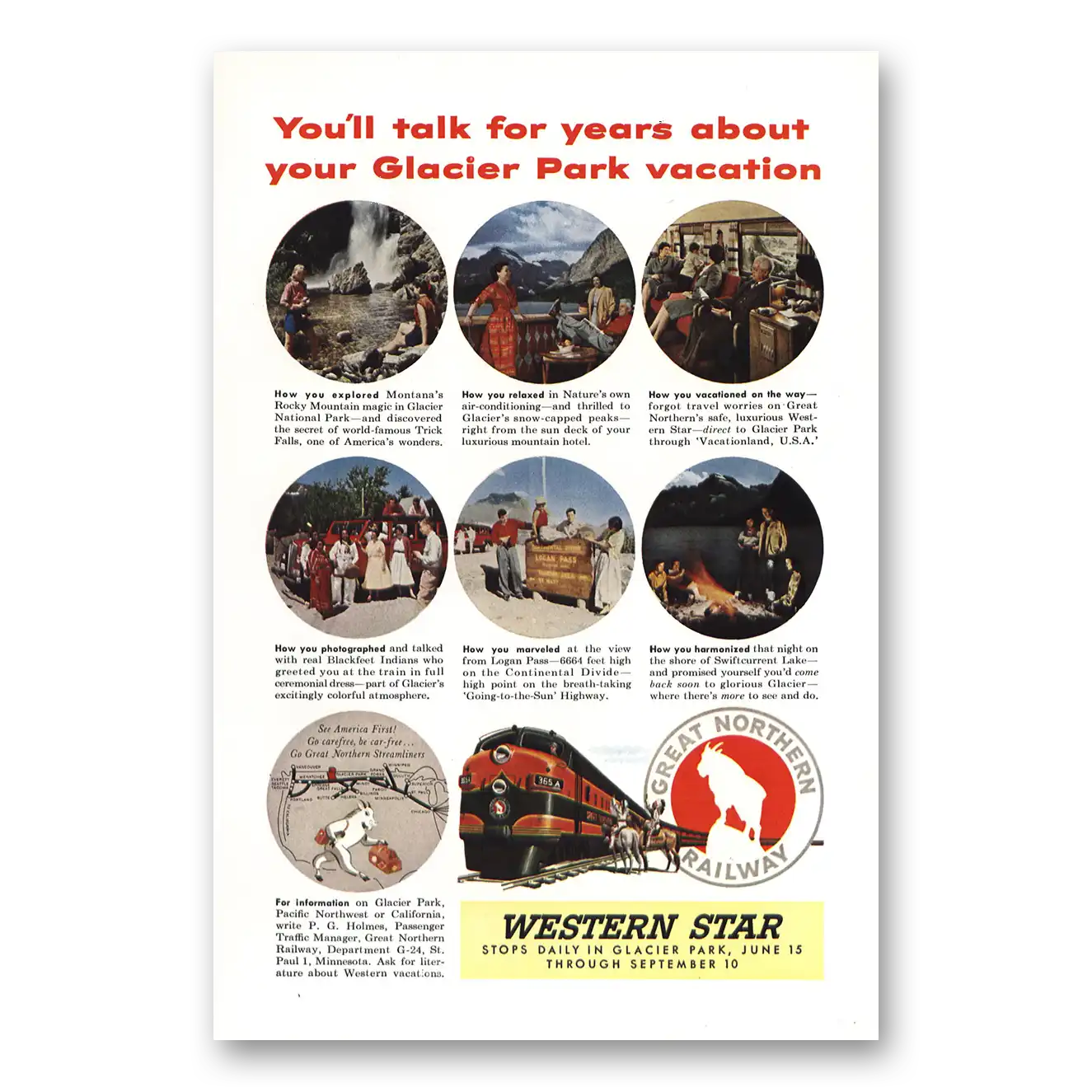 1954 Great Northern Railway Glacier Park Vacation Vintage Magazine Print Ad