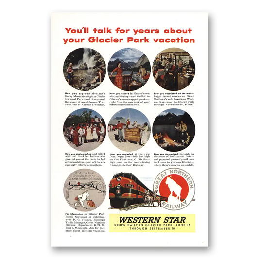 1954 Great Northern Railway Glacier Park Vacation Vintage Magazine Print Ad