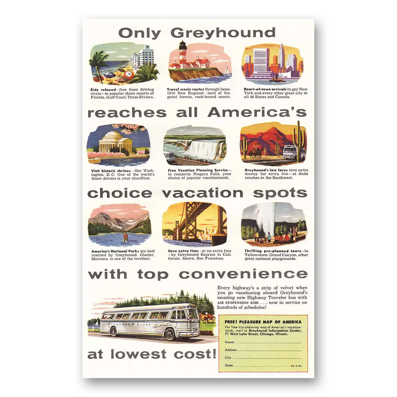 1954 Greyhound Only Greyhound Reaches All Americas Choice Vacation Vintage Magazine Print Ad