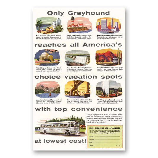 1954 Greyhound Only Greyhound Reaches All Americas Choice Vacation Vintage Magazine Print Ad