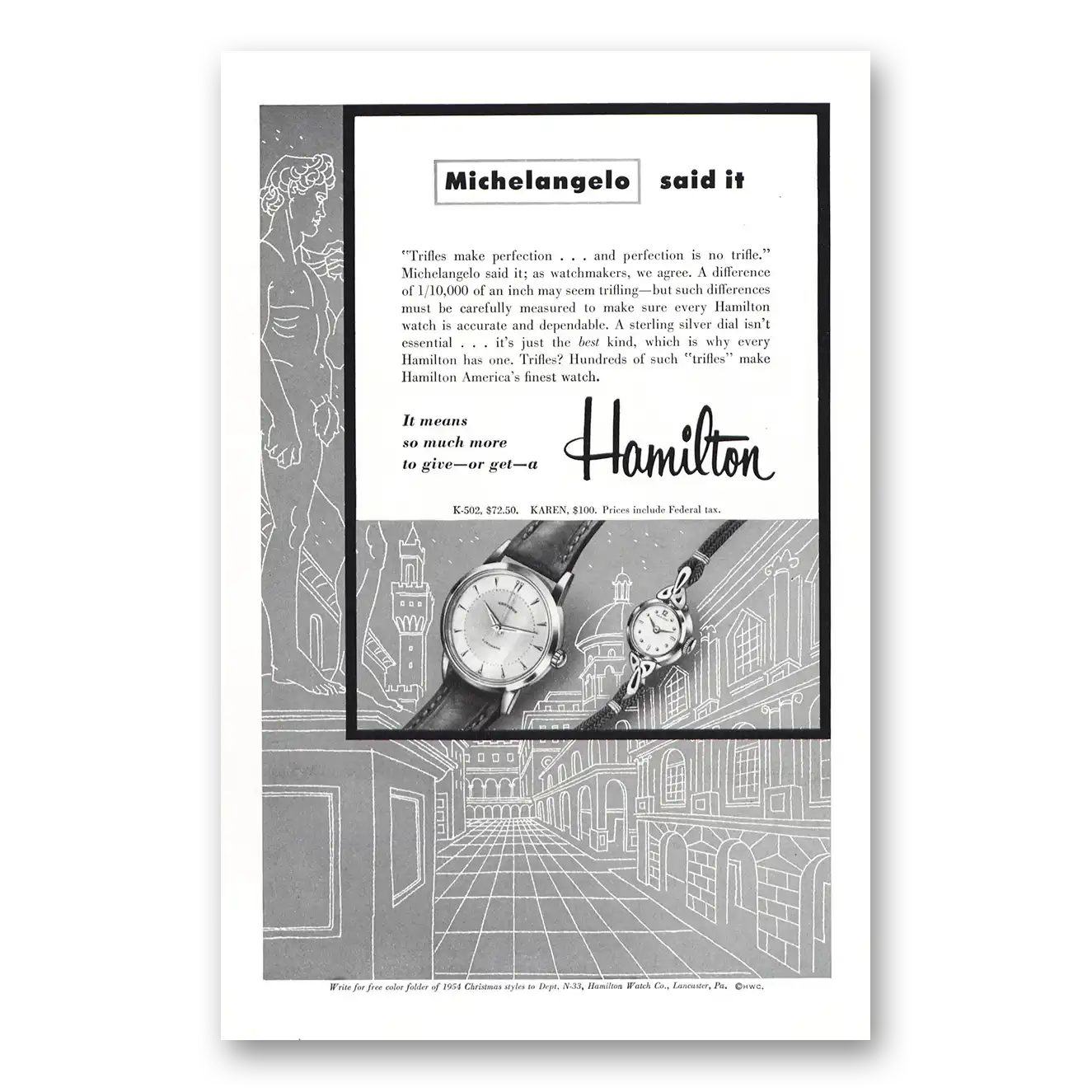 1954 Hamilton Watch Michelangelo Said It Vintage Magazine Print Ad