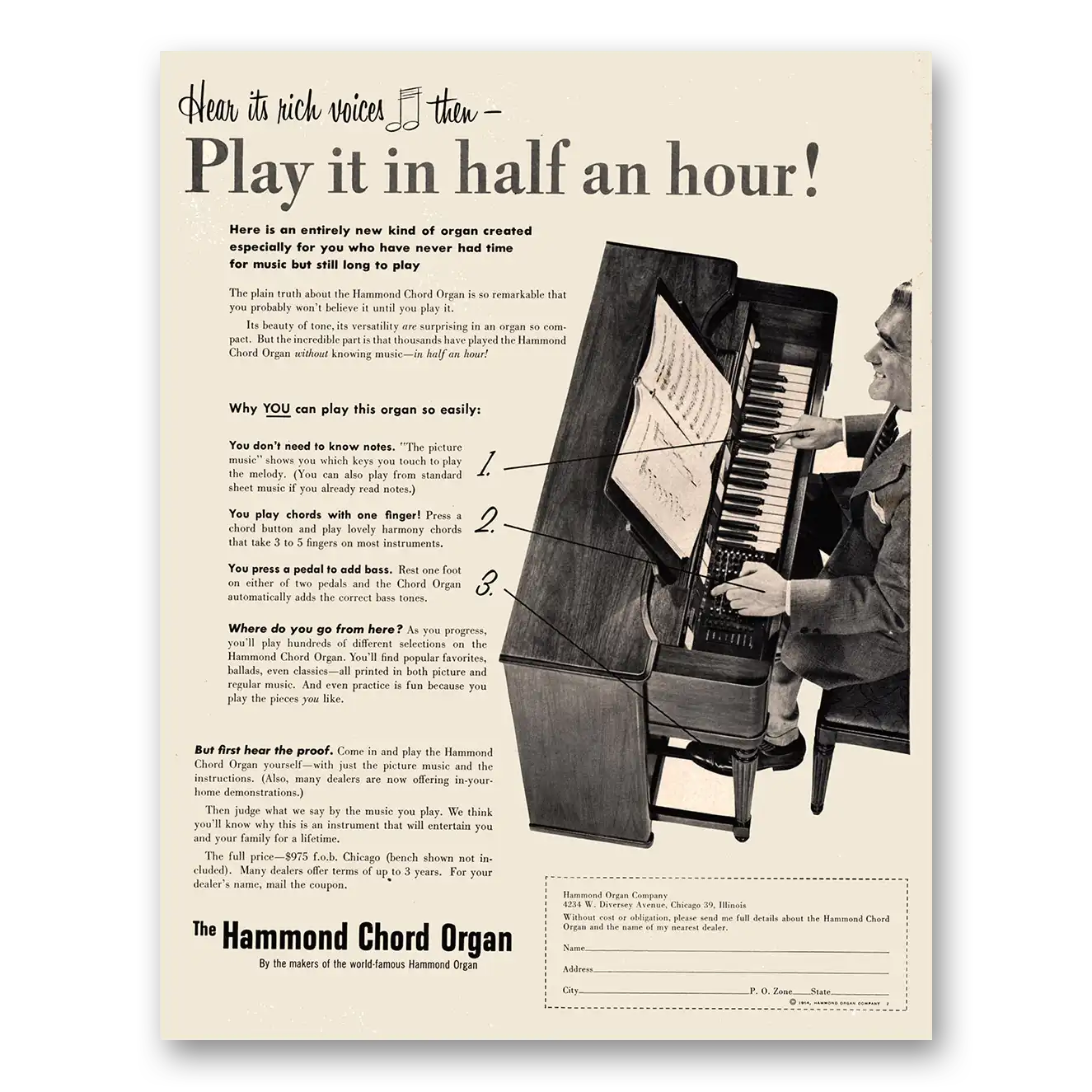 1954 Hammond Organ Chord Organ Play It In Half An Hour Vintage Magazine Print Ad