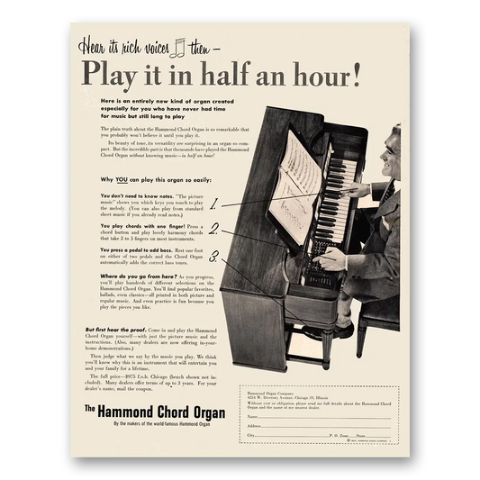 1954 Hammond Organ Chord Organ Play It In Half An Hour Vintage Magazine Print Ad