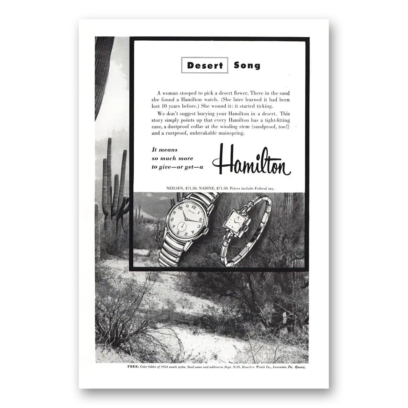 1954 Hamilton Watch Desert Song Vintage Magazine Print Ad