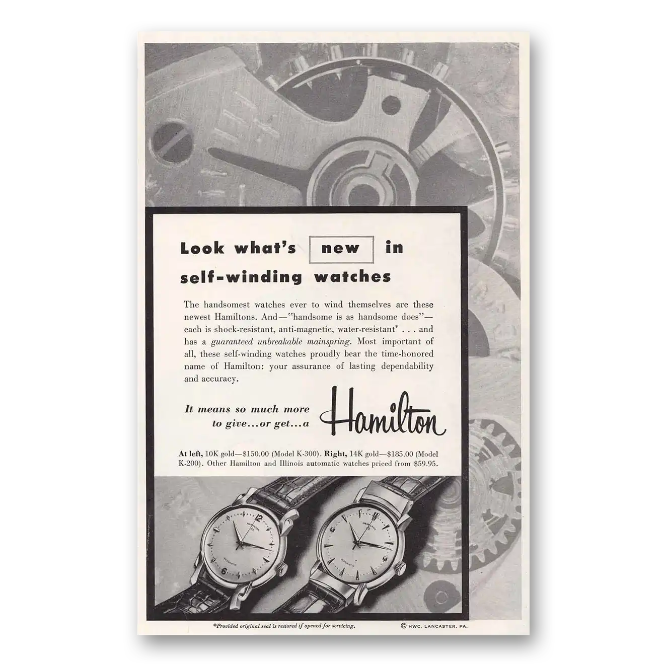 1954 Hamilton Watch Look Whats New In Self Winding Vintage Magazine Print Ad