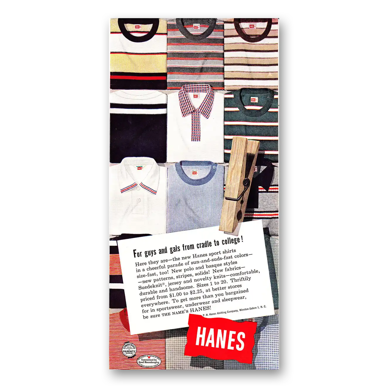 1954 Hanes Shirts For Guys and Gals From Cradle to College Vintage Magazine Print Ad