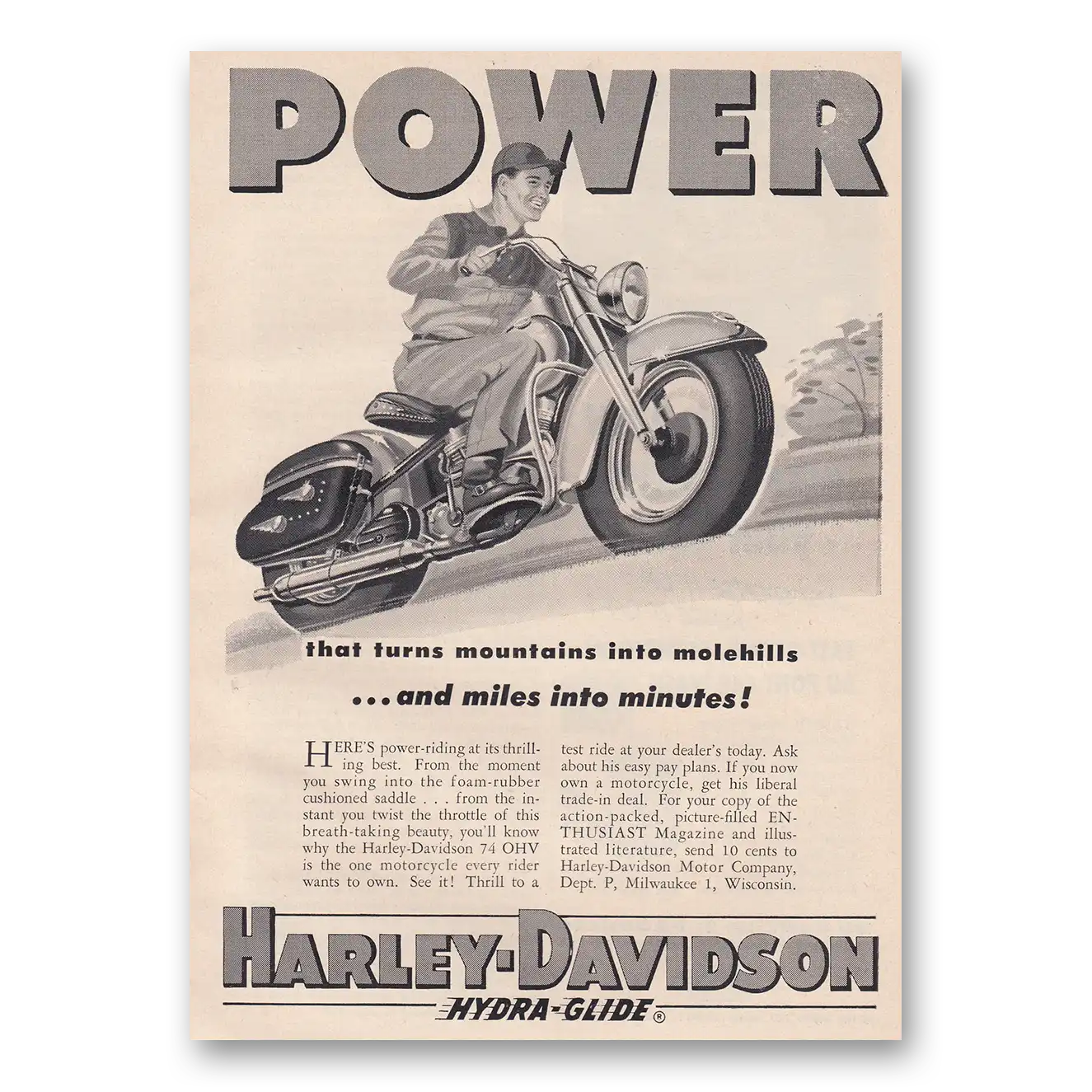 1954 Harley Davidson Power That Turns Mountains Into Molehills Vintage Magazine Print Ad