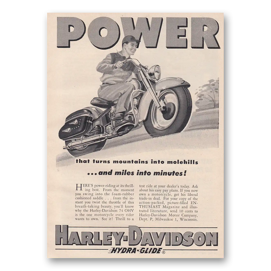 1954 Harley Davidson Power That Turns Mountains Into Molehills Vintage Magazine Print Ad