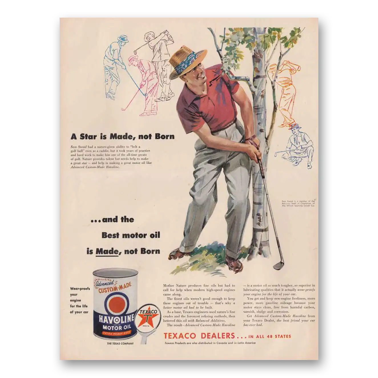 1954 Havoline Motor Oil Sam Snead Star Is Made Not Born Vintage Magazine Print Ad