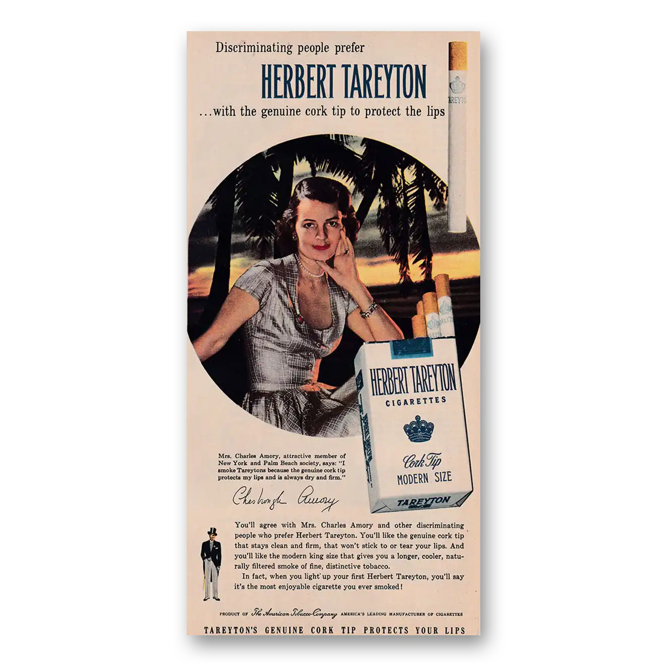 1954 Herbert Tareyton Cigarettes Mrs Charles Amory Vintage Magazine Print Ad