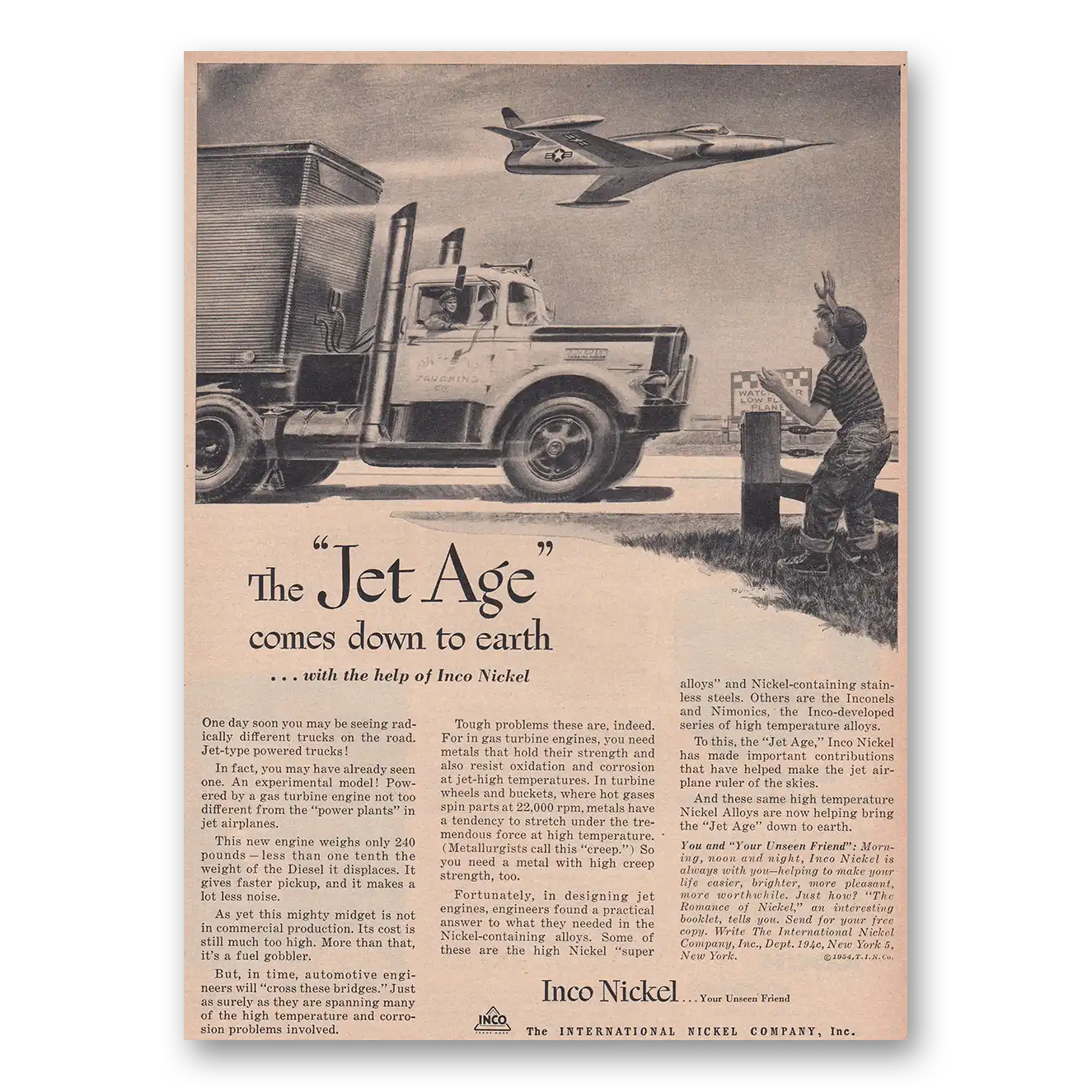 1954 International Nickel INCO Jet Age Comes Down to Earth Vintage Magazine Print Ad