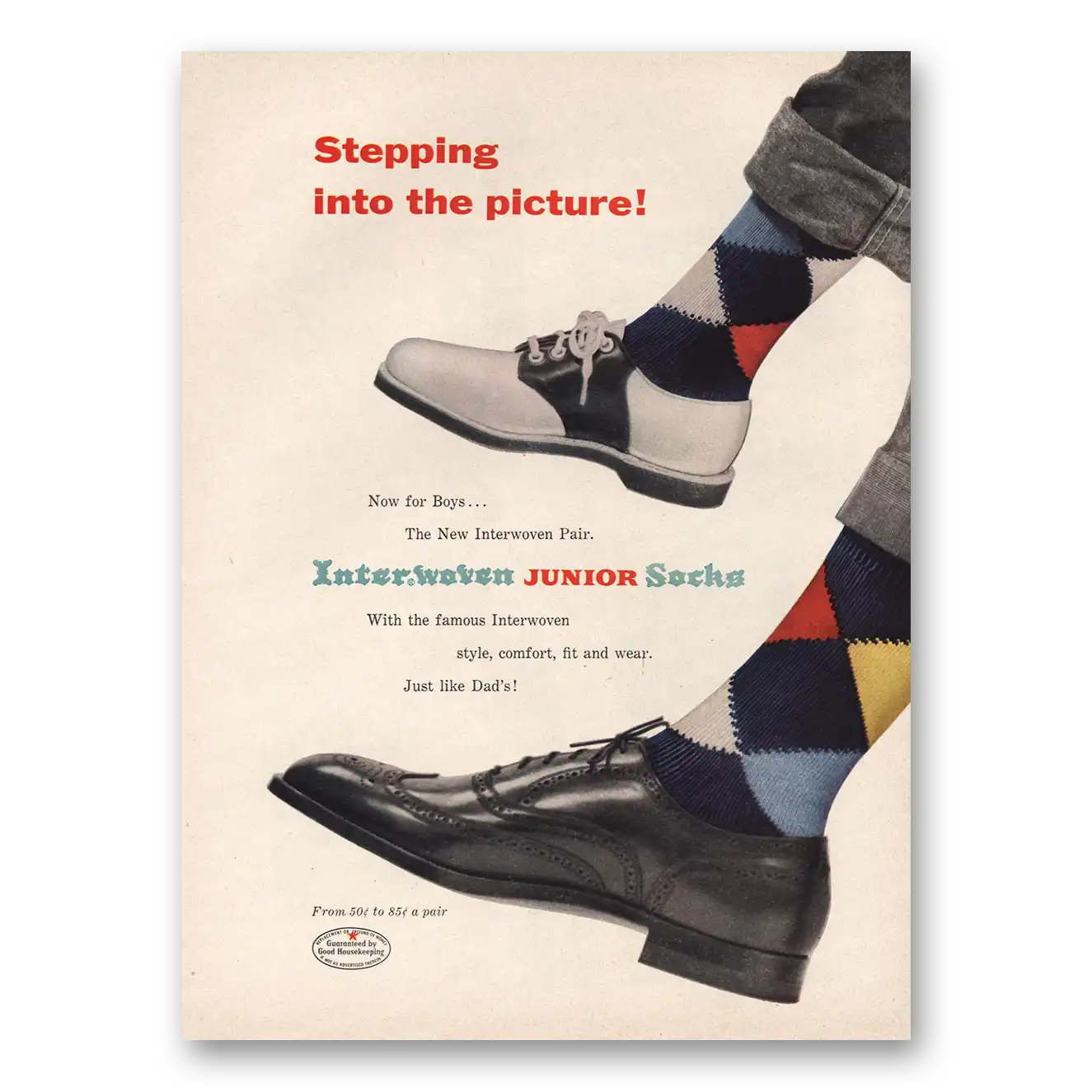 1954 Interwoven Socks Junior Socks Stepping Into the Picture Vintage Magazine Print Ad