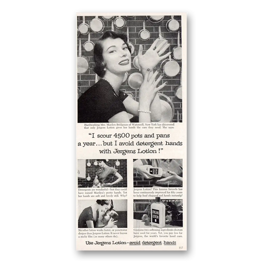 1954 Jergens Lotion I Scour 4500 Pots and Pans Vintage Magazine Print Ad