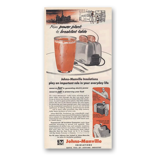 1954 Johns Manville From Power Plant to Breakfast Table Vintage Magazine Print Ad