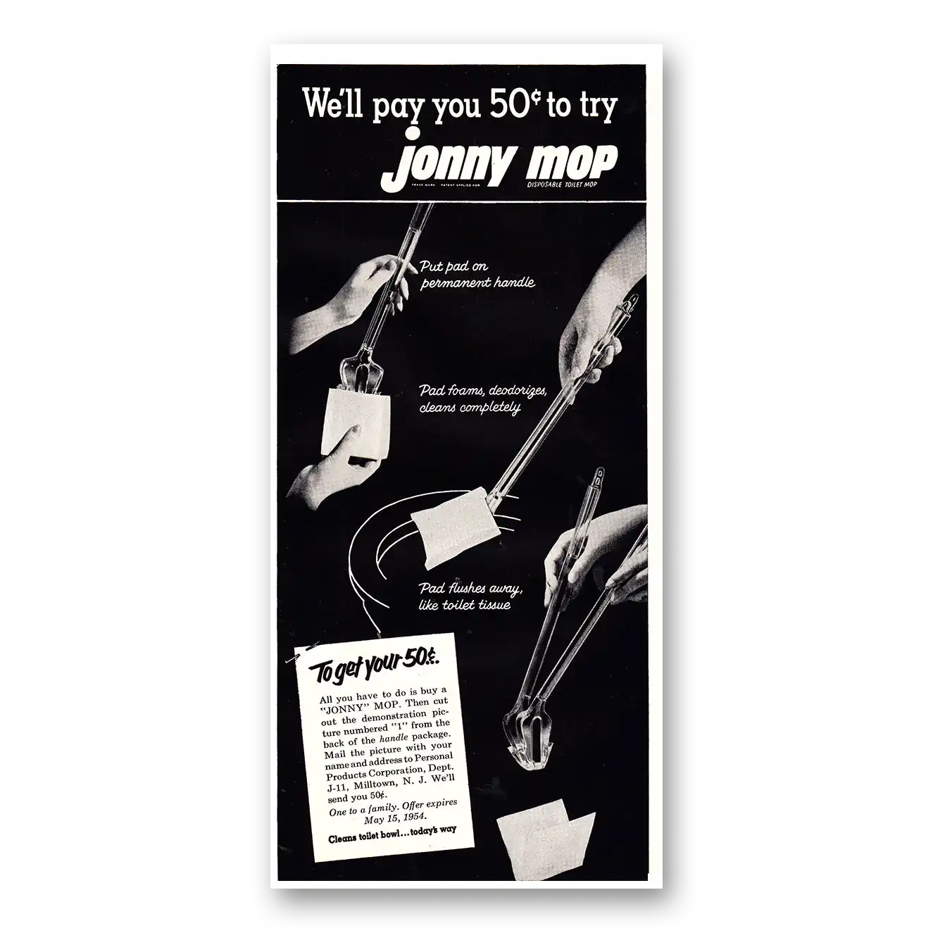 1954 Jonny Mop Jonny Mop We'll Pay You 50 Cents To Try Vintage Magazine Print Ad