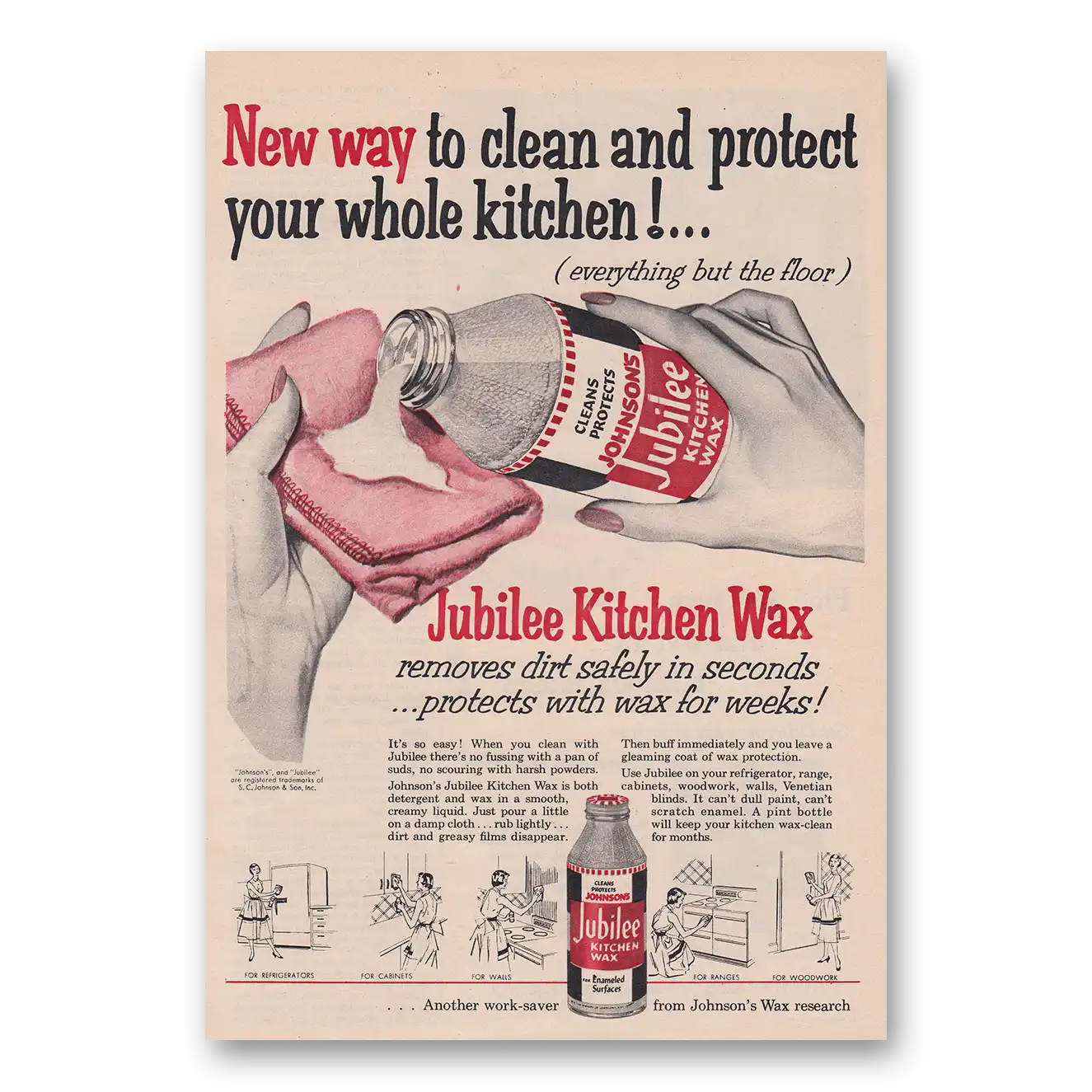 1954 Jubilee Kitchen Wax New Way to Clean and Protect Vintage Magazine Print Ad