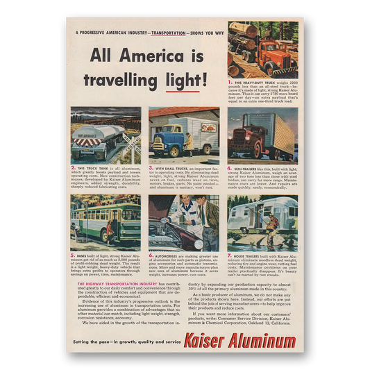 1954 Kaiser Aluminum All America Is Travelling Light Vintage Magazine Print Ad