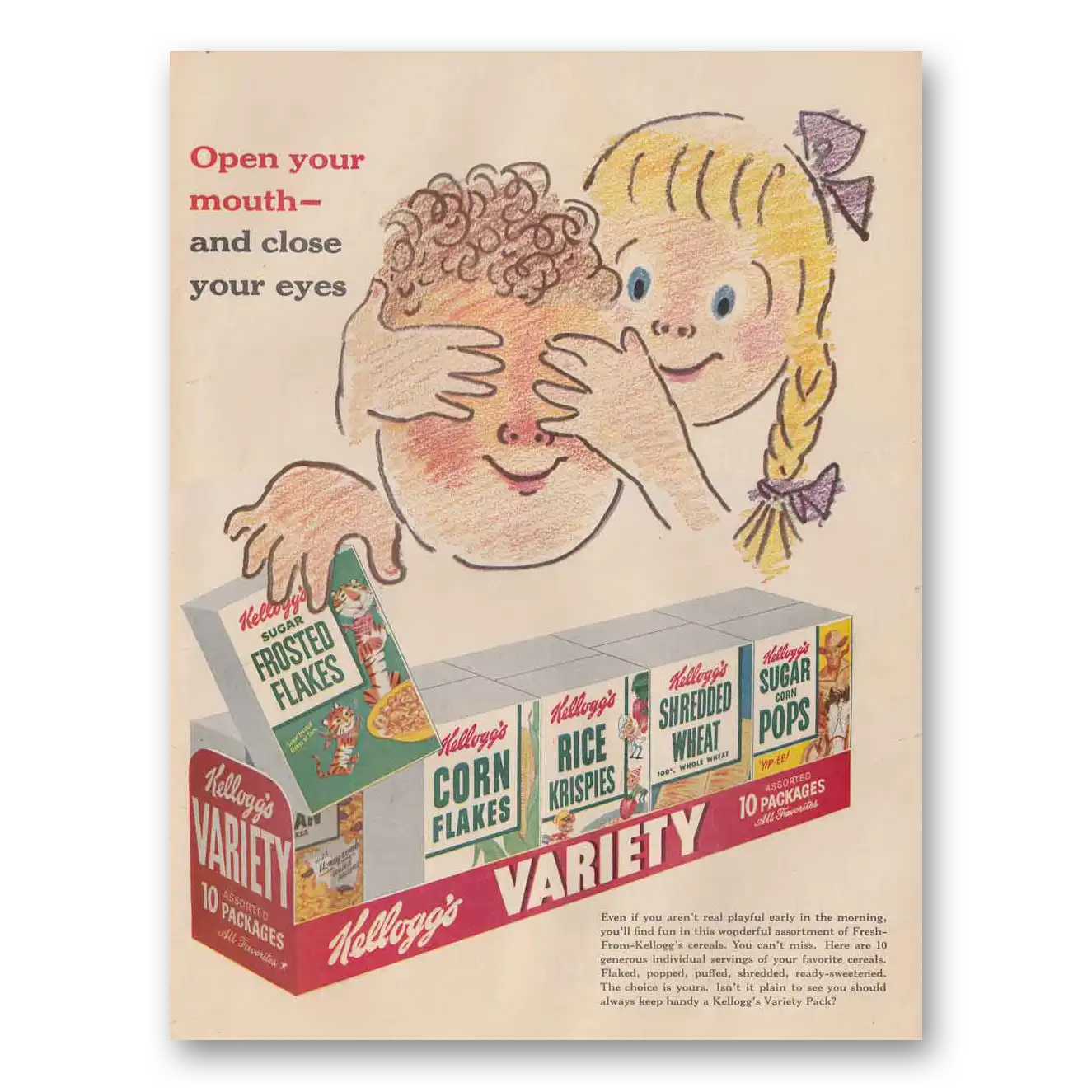 1954 Kelloggs Cereals Variety Pack Open Your Mouth Close Your Eyes Vintage Magazine Print Ad