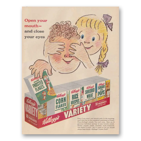 1954 Kelloggs Cereals Variety Pack Open Your Mouth Close Your Eyes Vintage Magazine Print Ad