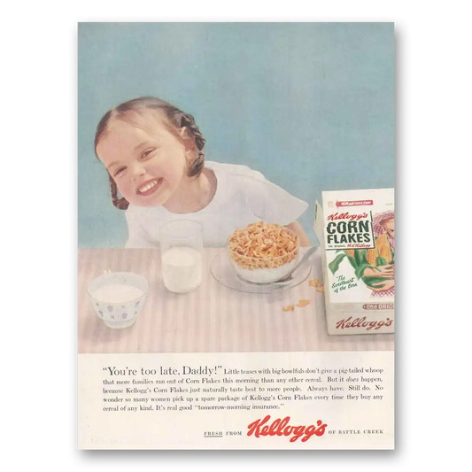 1954 Kelloggs Corn Flakes You're Too Late Daddy Vintage Magazine Print Ad