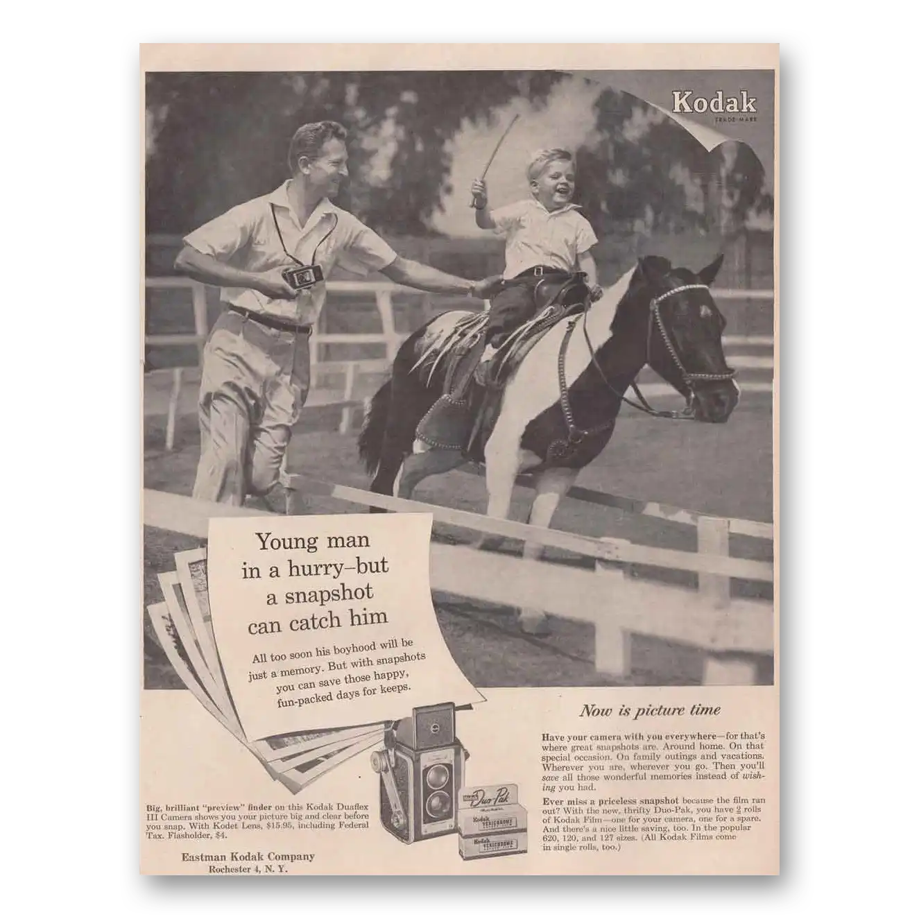 1954 Kodak Film Young Man in a Hurry Horse Vintage Magazine Print Ad