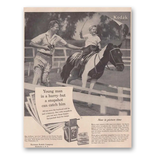 1954 Kodak Film Young Man in a Hurry Horse Vintage Magazine Print Ad