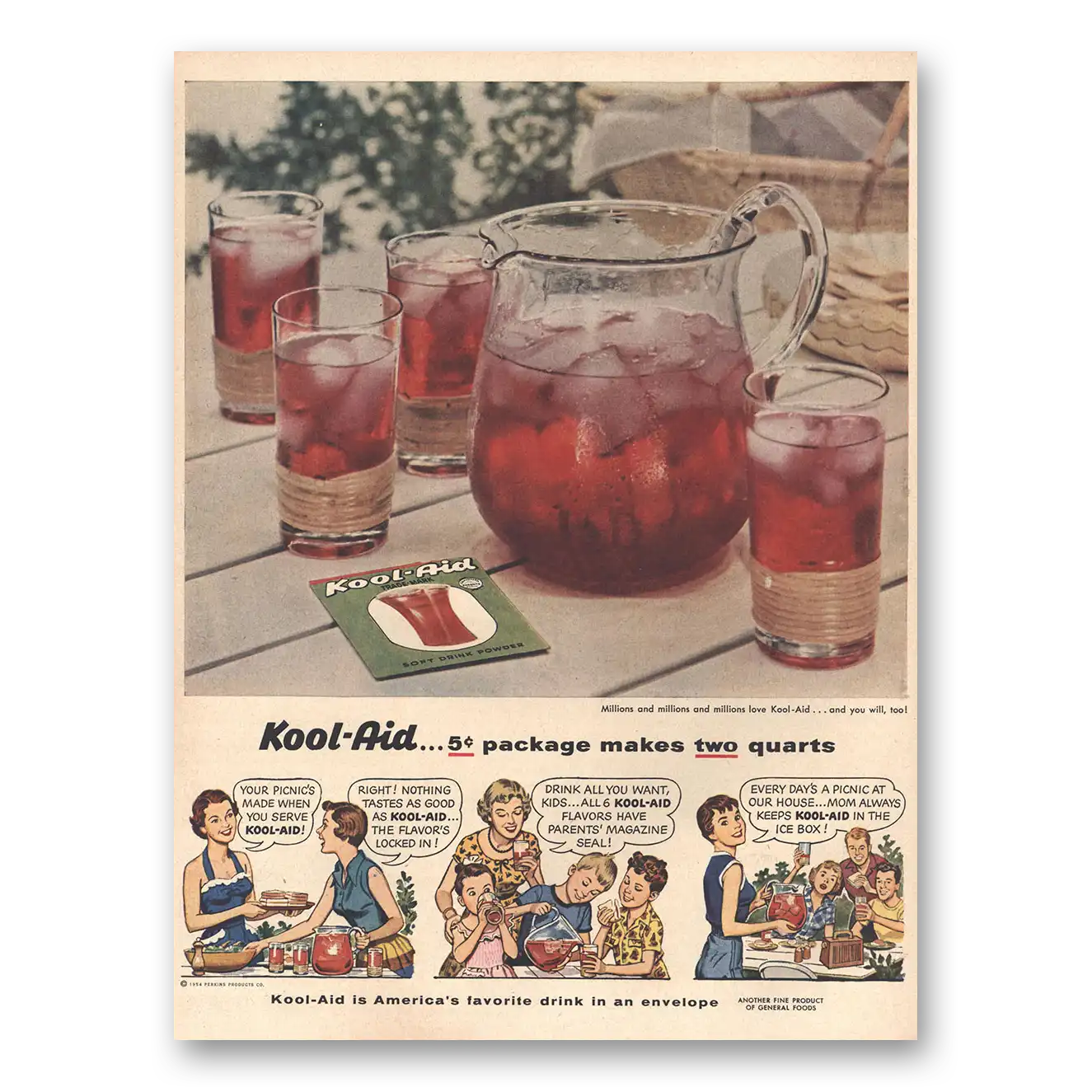 1954 Kool Aid Package Makes Two Quarts Vintage Magazine Print Ad