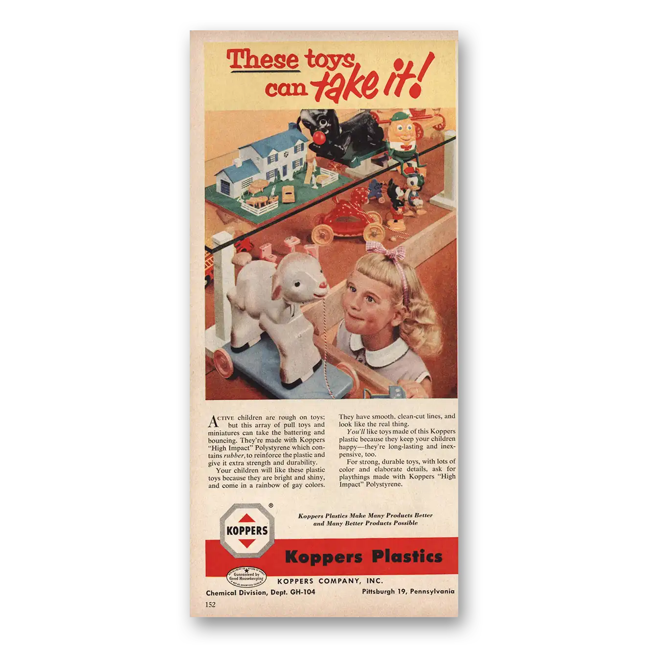 1954 Koppers Plastics These Toys Can Take It Vintage Magazine Print Ad