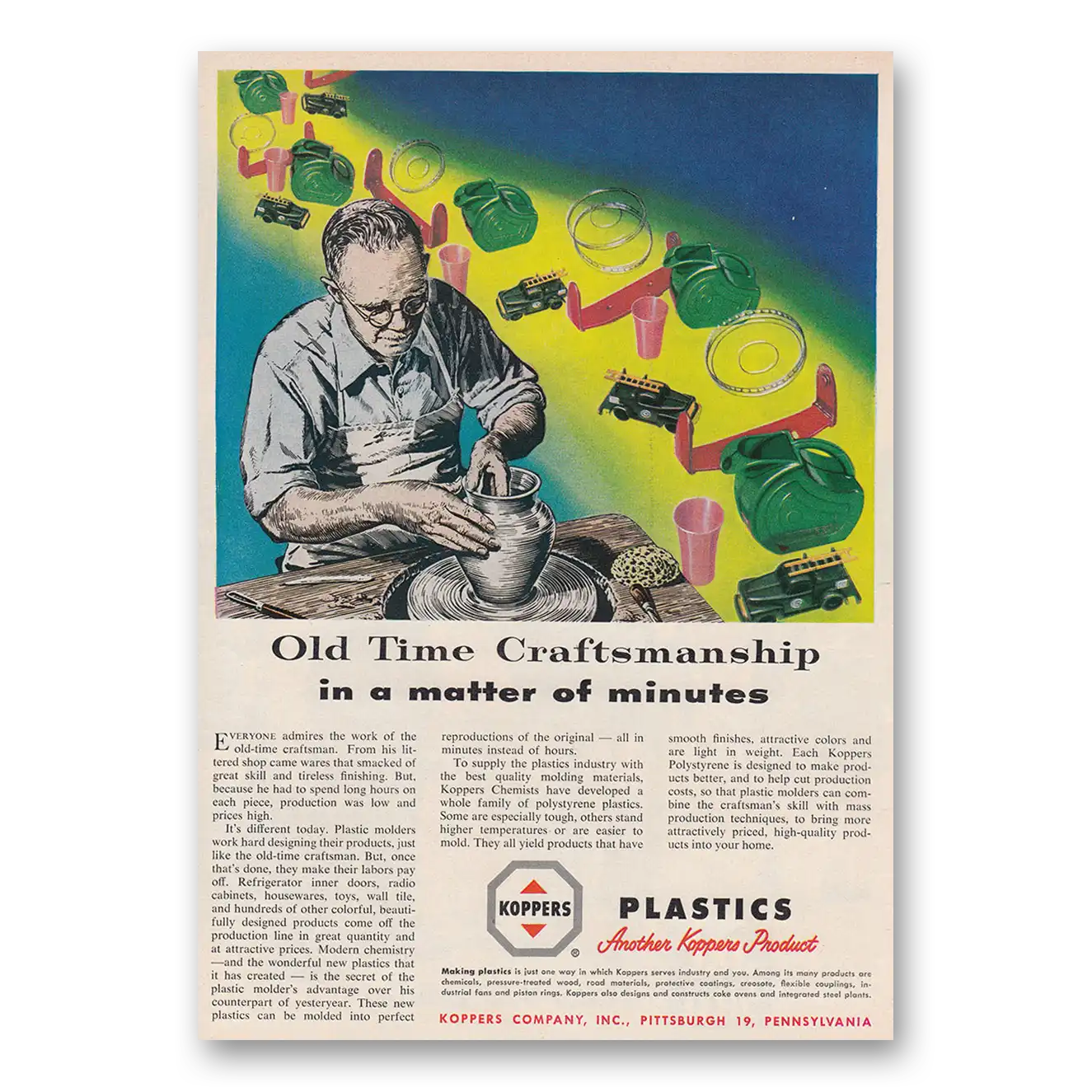 1954 Koppers Plastics Old Time Craftsmanship Vintage Magazine Print Ad