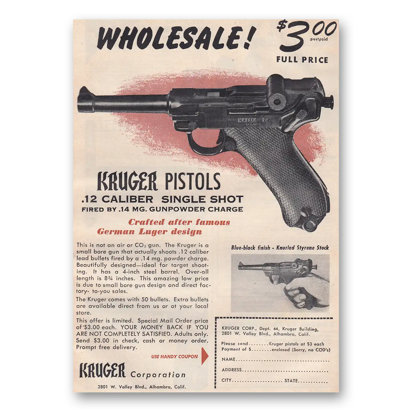 1954 Kruger Pistols Caliber Single Shot Vintage Magazine Print Ad