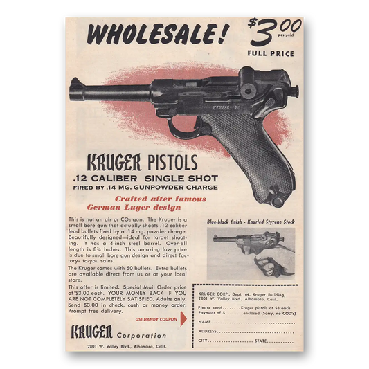 1954 Kruger Pistols Caliber Single Shot Vintage Magazine Print Ad