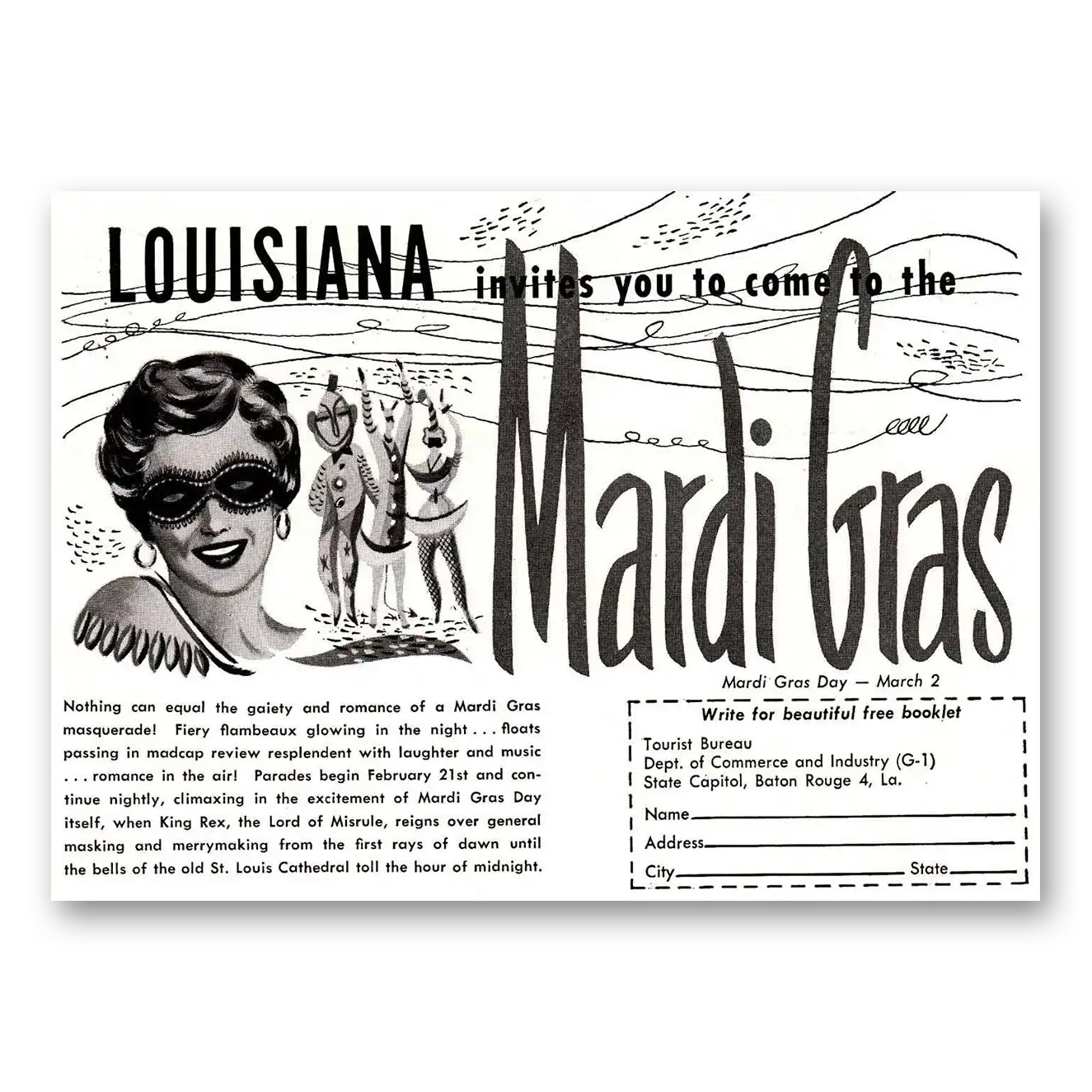 1954 New Orleans Louisiana Invites You to Mardi Gras Vintage Magazine Print Ad