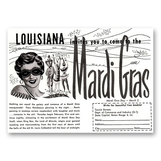 1954 New Orleans Louisiana Invites You to Mardi Gras Vintage Magazine Print Ad