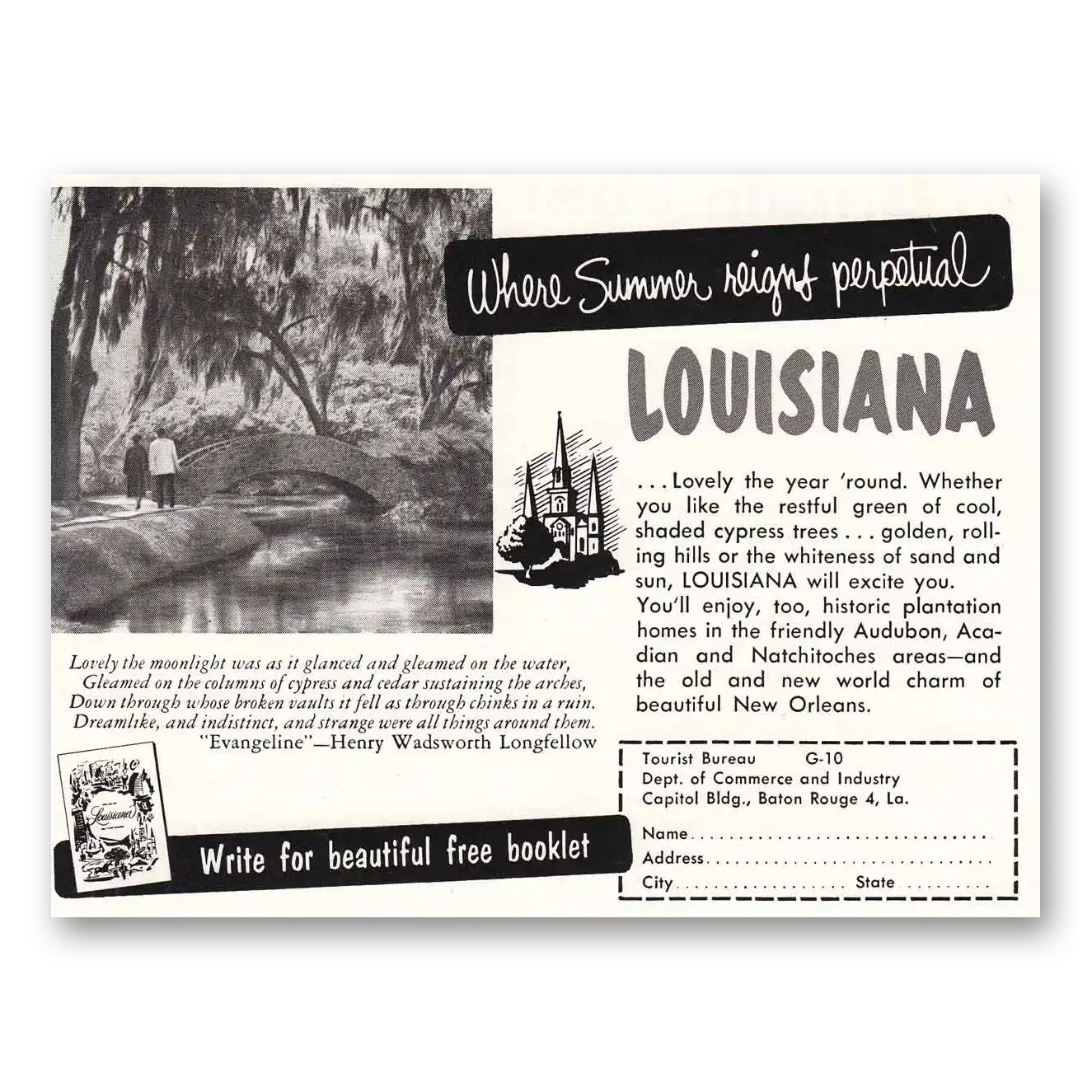 1954 Louisiana Summer Reigns Perpetual Vintage Magazine Print Ad