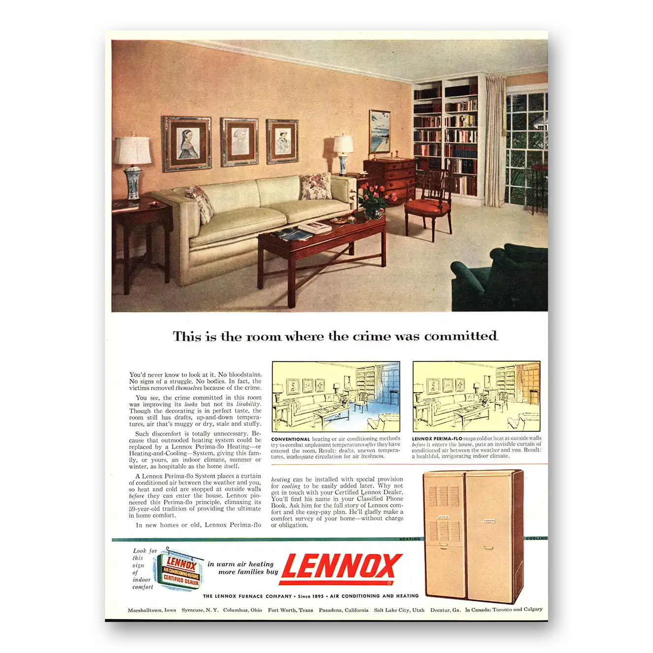 1954 Lennox Warm Air Heating This Is the Room Where the Crime Was Committed Vintage Magazine Print Ad