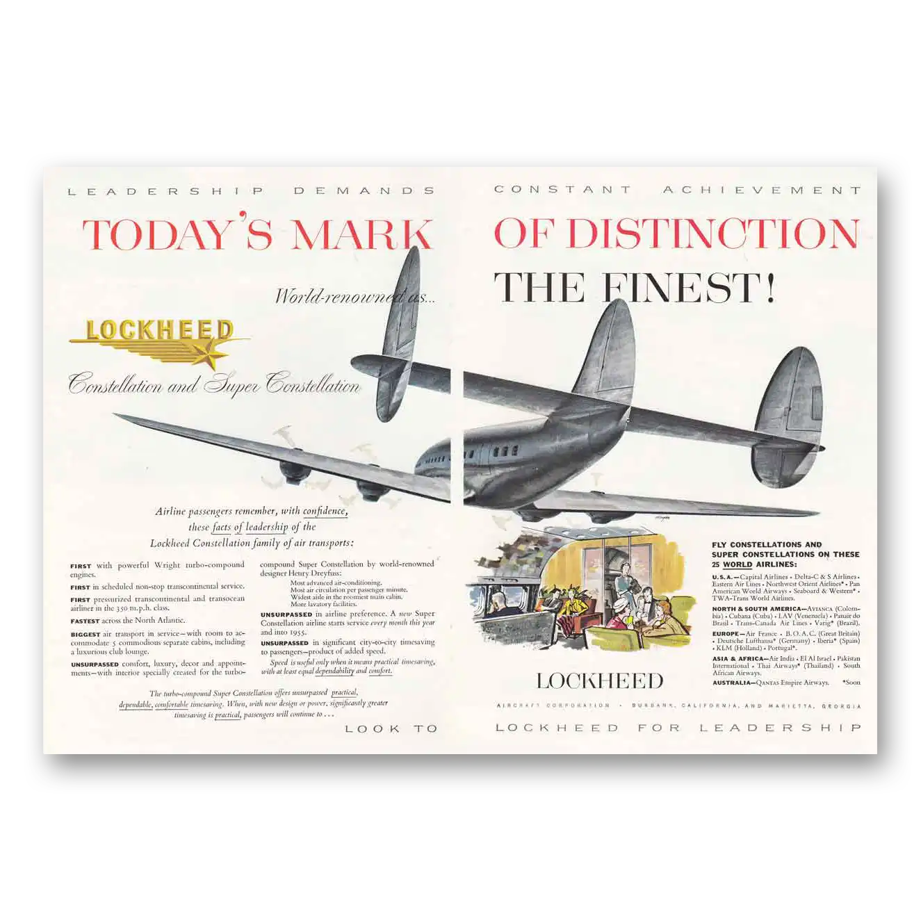 1954 Lockheed Constellation Todays Mark of Distinction Vintage Magazine Print Ad