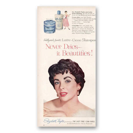 1954 Lustre Creme Shampoo Elizabeth Taylor Vintage Magazine Print Ad