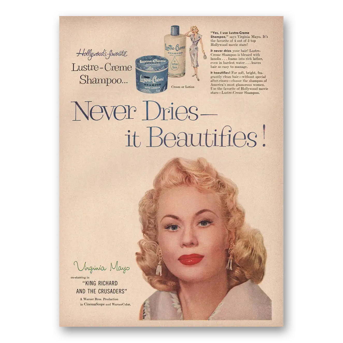 1954 Lustre Creme Shampoo Virginia Mayo Vintage Magazine Print Ad