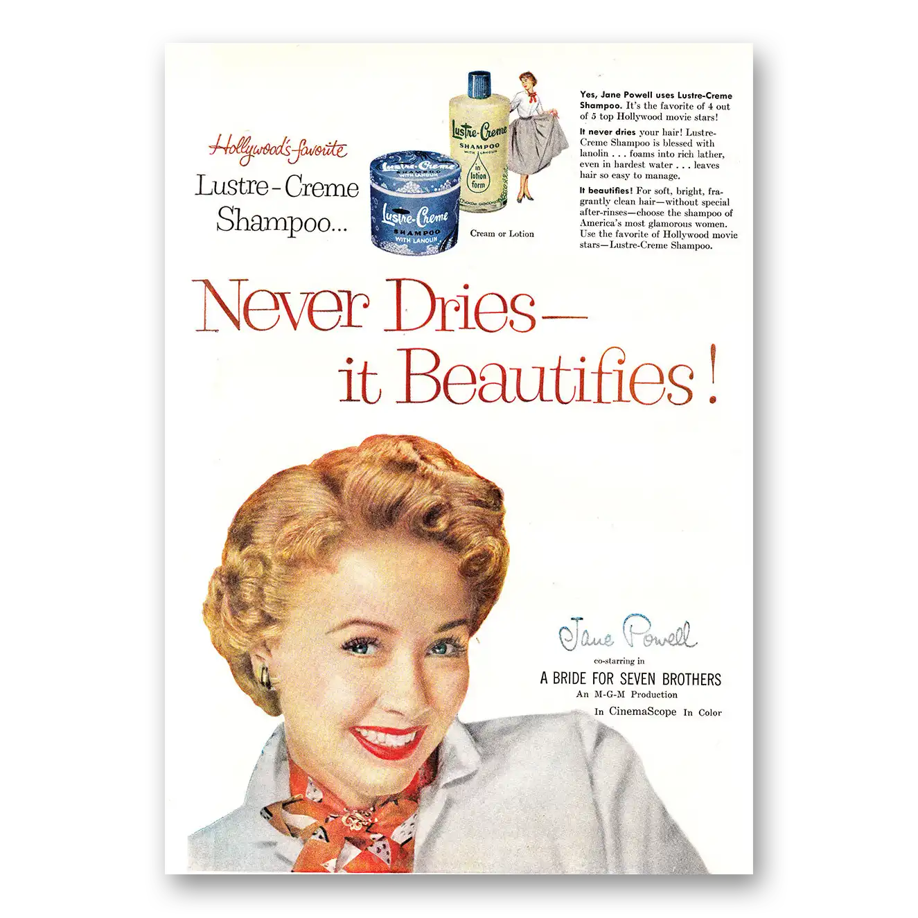 1954 Lustre Creme Shampoo Never Dries It Beautifies Jane Powell Vintage Magazine Print Ad