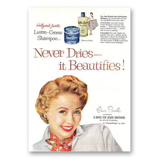 1954 Lustre Creme Shampoo Never Dries It Beautifies Jane Powell Vintage Magazine Print Ad